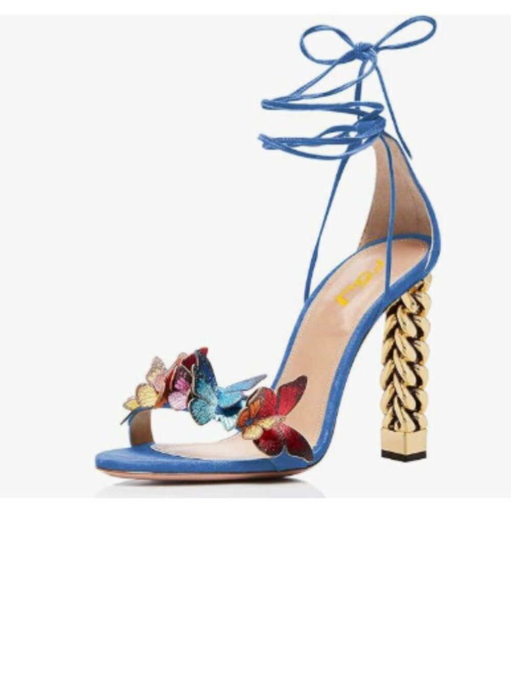 FSJ Blue Gold Metal Chain Chunky High Heel Open Toe Butterfly One Strap Shoes